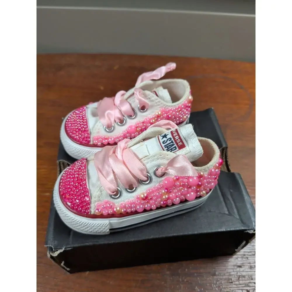 Converse All Star Custom Pearl & Rhinestone Sneakers Pink Infant Size US 2 EU 18